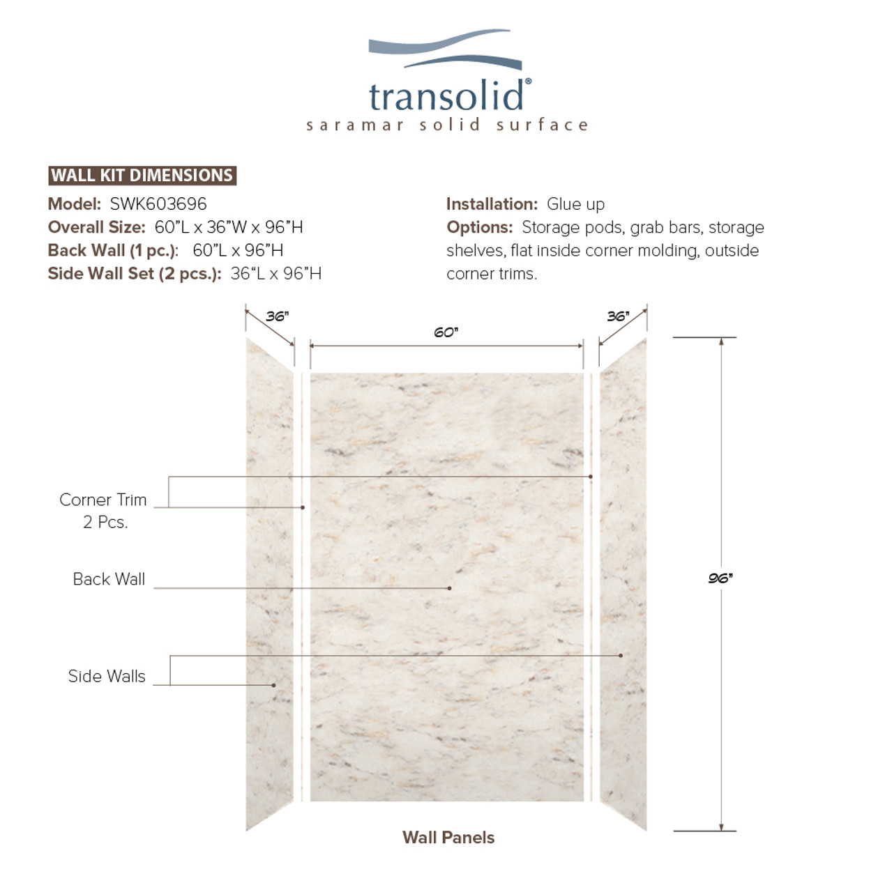 Transolid SWK603696-48V SaraMar 60-in x 36-in x 96-in Glue to Wall 3-Piece Shower Wall Trimmable Kit, Biscotti Marble Velvet
