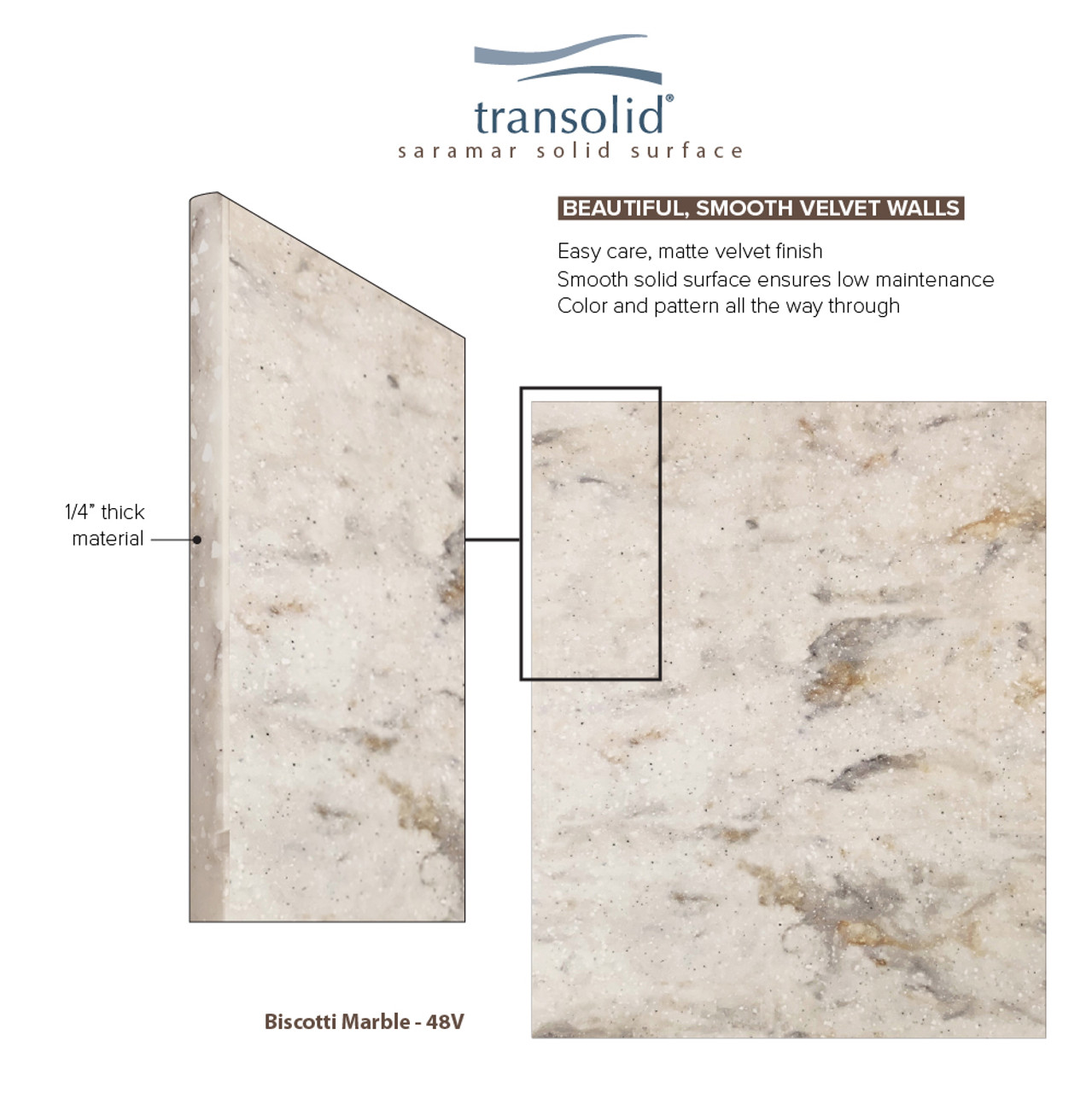 Transolid SWK603696-48V SaraMar 60-in x 36-in x 96-in Glue to Wall 3-Piece Shower Wall Trimmable Kit, Biscotti Marble Velvet