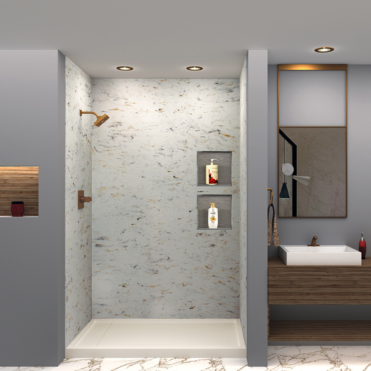Transolid SWK603696-48V SaraMar 60-in x 36-in x 96-in Glue to Wall 3-Piece Shower Wall Trimmable Kit, Biscotti Marble Velvet
