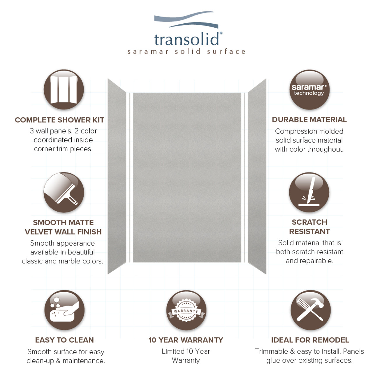 Transolid SWK603696-27V SaraMar 60-in x 36-in x 96-in Glue to Wall 3-Piece Shower Wall Trimmable Kit, Grey Beach Velvet