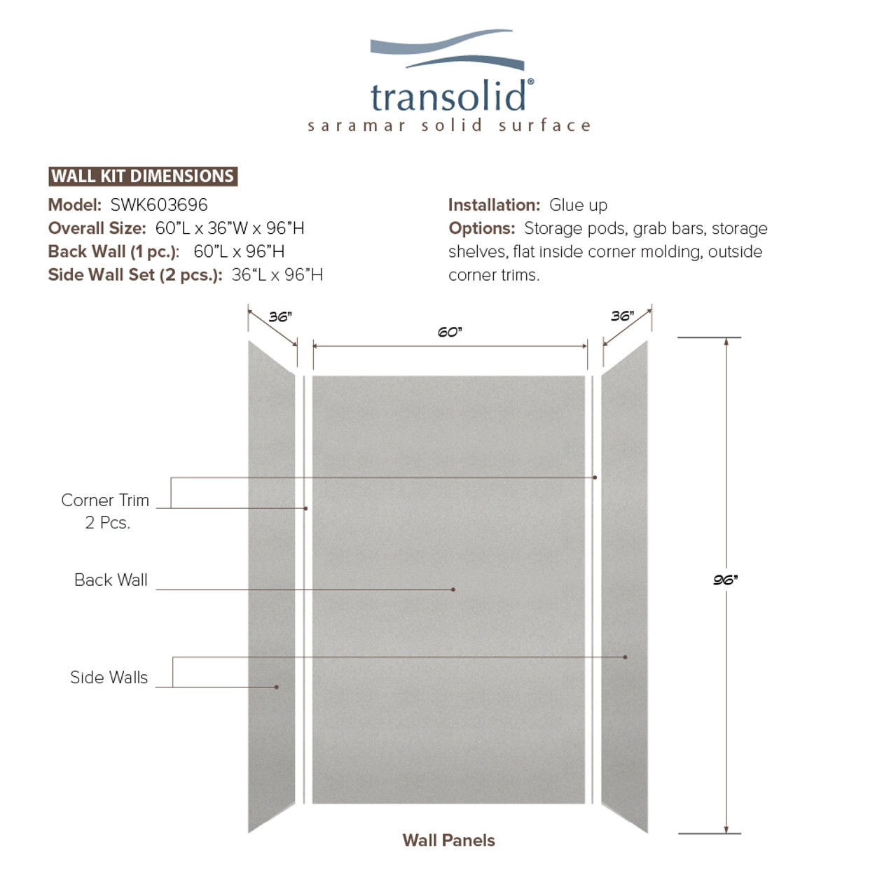Transolid SWK603696-27V SaraMar 60-in x 36-in x 96-in Glue to Wall 3-Piece Shower Wall Trimmable Kit, Grey Beach Velvet