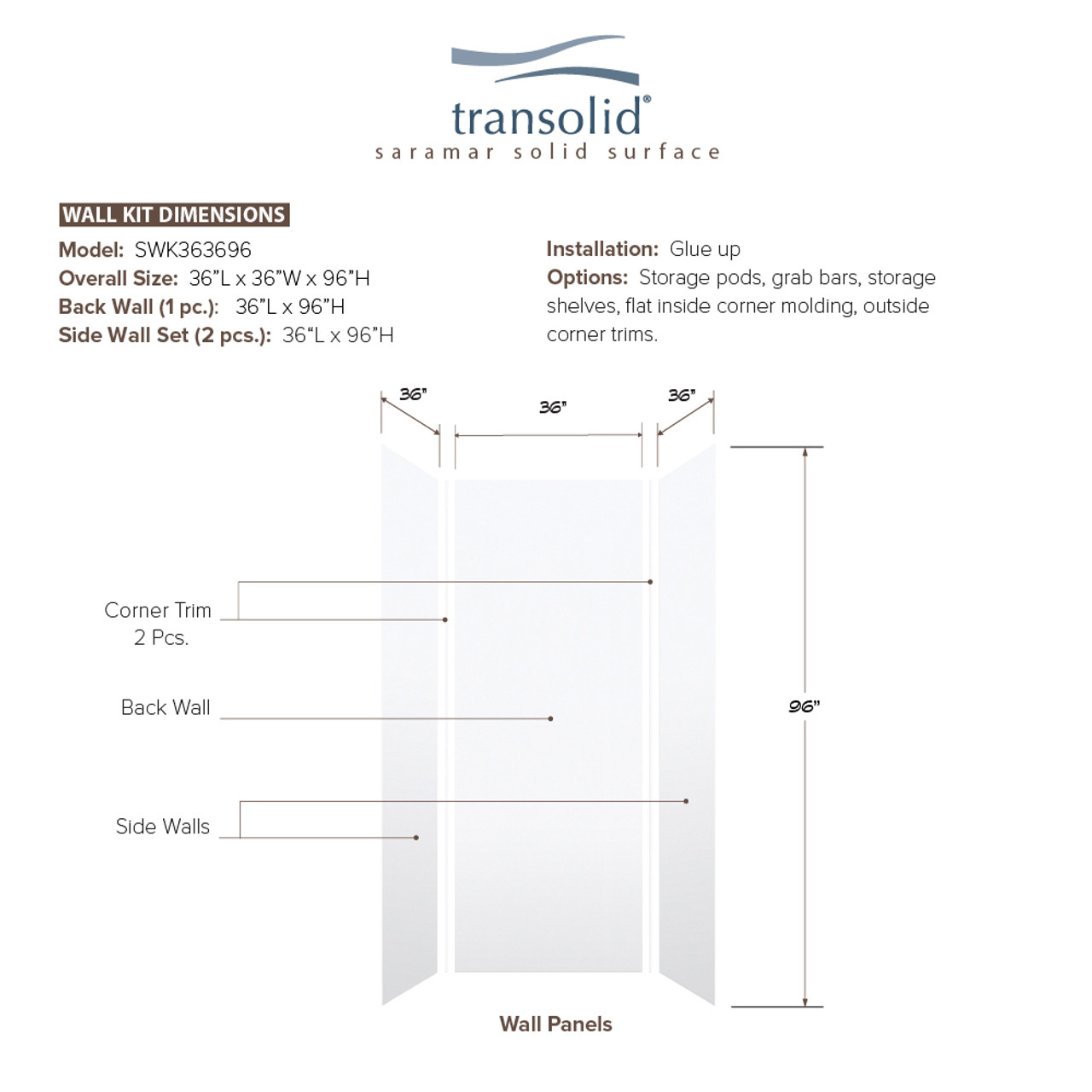 Transolid SWK363696-21V SaraMar 36-in x 36-in x 96-in Glue to Wall 3-Piece Shower Wall Trimmable Kit, White Velvet