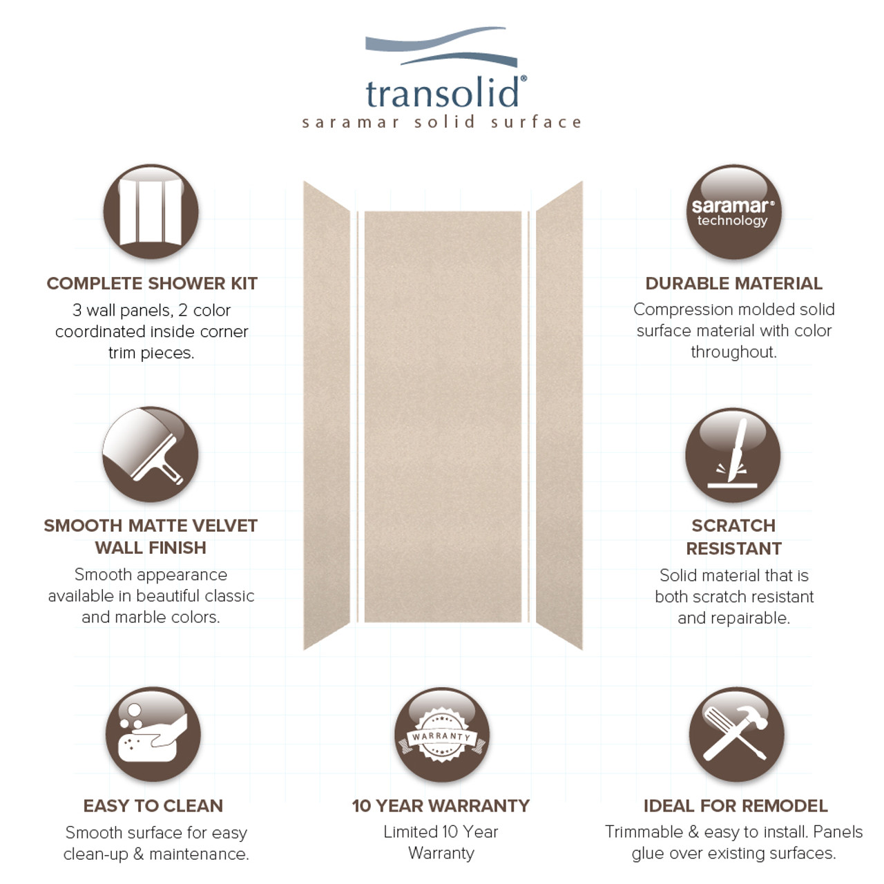 Transolid SWK363696-28V SaraMar 36-in x 36-in x 96-in Glue to Wall 3-Piece Shower Wall Trimmable Kit, Cashew Velvet