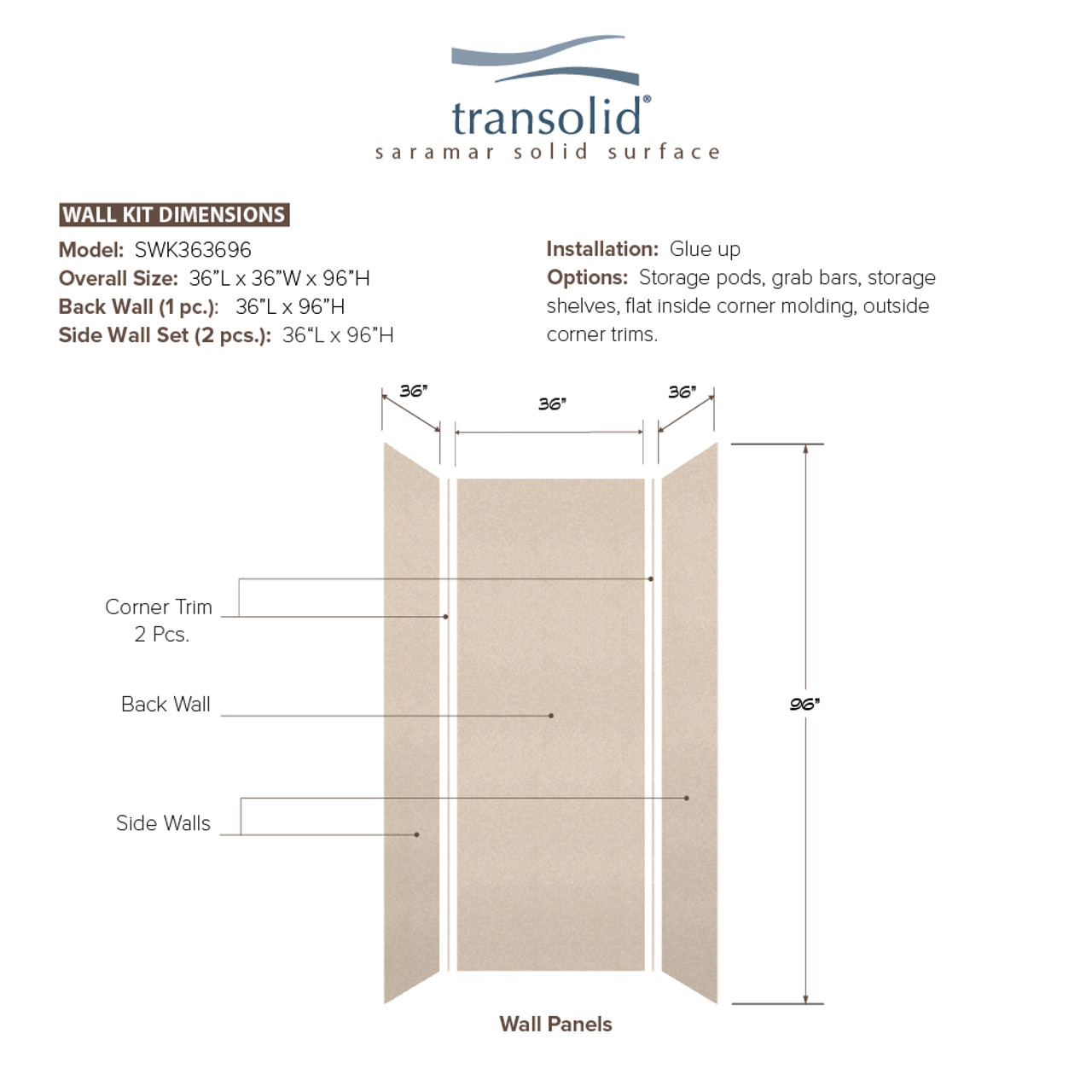 Transolid SWK363696-28V SaraMar 36-in x 36-in x 96-in Glue to Wall 3-Piece Shower Wall Trimmable Kit, Cashew Velvet