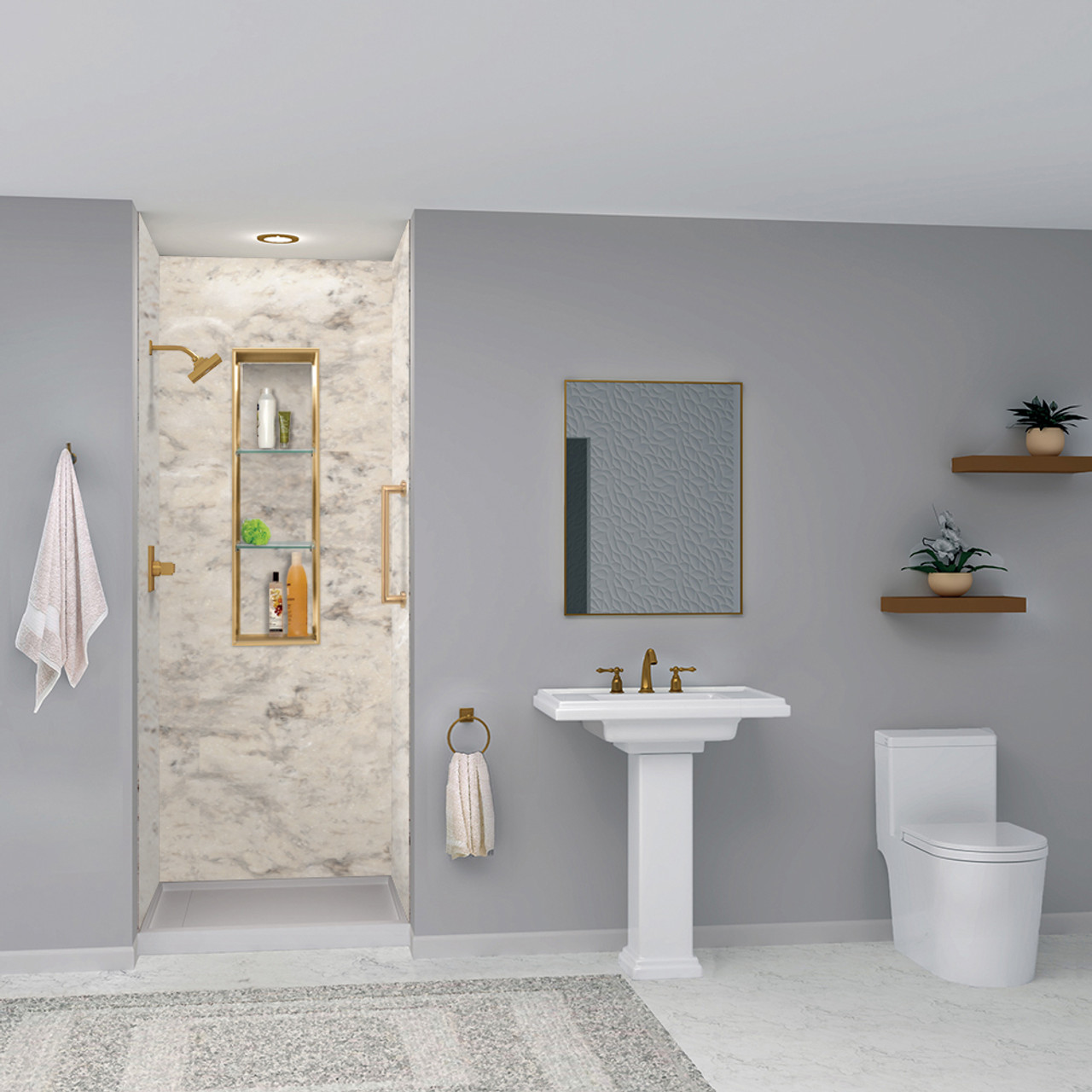 Transolid SWK363696-49V SaraMar 36-in x 36-in x 96-in Glue to Wall 3-Piece Shower Wall Trimmable Kit, Sand Creme Velvet