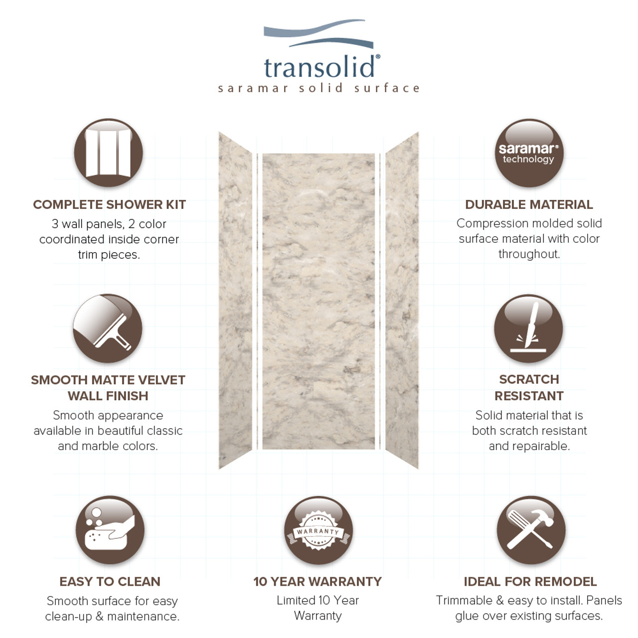 Transolid SWK363696-49V SaraMar 36-in x 36-in x 96-in Glue to Wall 3-Piece Shower Wall Trimmable Kit, Sand Creme Velvet