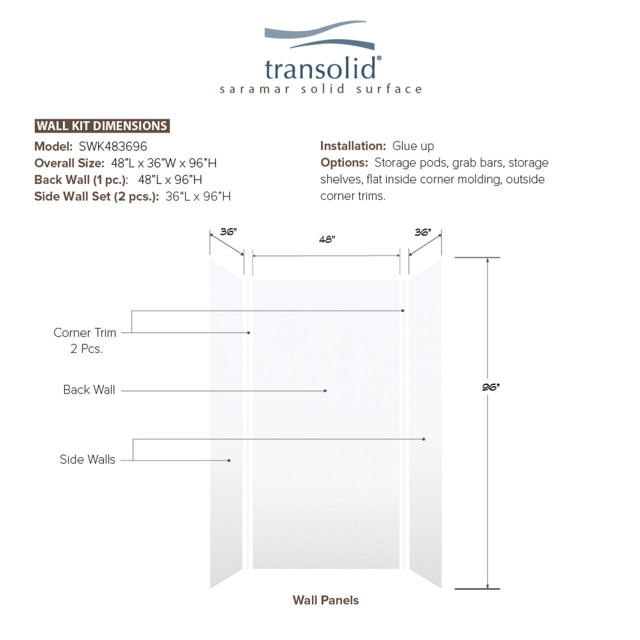 Transolid SWK483696-21V SaraMar 48-in x 36-in x 96-in Glue to Wall 3-Piece Shower Wall Trimmable Kit, White Velvet