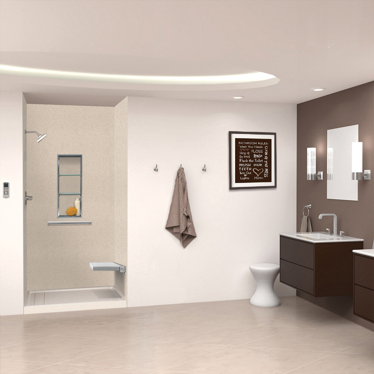 Transolid SWK483696-28V SaraMar 48-in x 36-in x 96-in Glue to Wall 3-Piece Shower Wall Trimmable Kit, Cashew Velvet