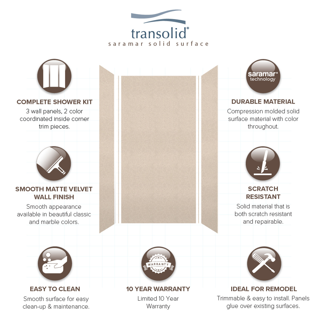 Transolid SWK483696-28V SaraMar 48-in x 36-in x 96-in Glue to Wall 3-Piece Shower Wall Trimmable Kit, Cashew Velvet