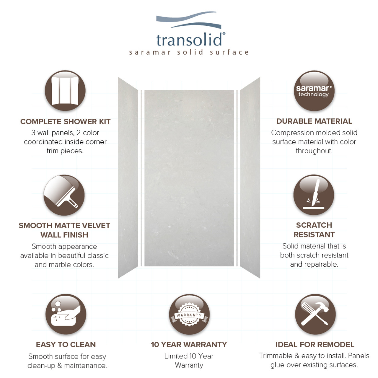 Transolid SWK483696-50V SaraMar 48-in x 36-in x 96-in Glue to Wall 3-Piece Shower Wall Trimmable Kit, Lunar Velvet