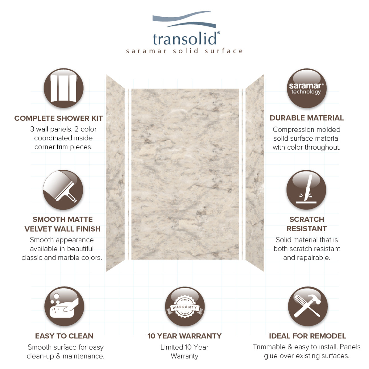 Transolid SWK603696-49V SaraMar 60-in x 36-in x 96-in Glue to Wall 3-Piece Shower Wall Trimmable Kit, Sand Creme Velvet