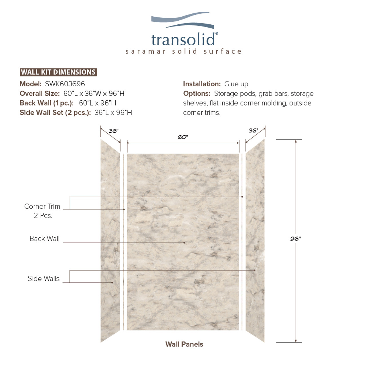 Transolid SWK603696-49V SaraMar 60-in x 36-in x 96-in Glue to Wall 3-Piece Shower Wall Trimmable Kit, Sand Creme Velvet
