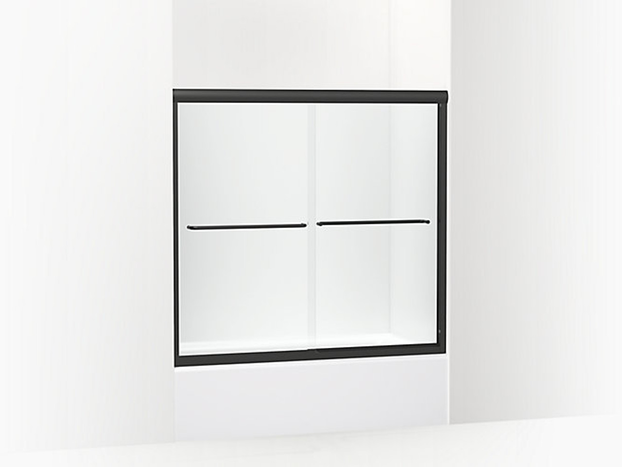 Frameless sliding bath door in matte black frame finish with smooth glass texture 54-5/8" Frameless sliding bath door in matte black frame finish with smooth glass texture 54-5/8"