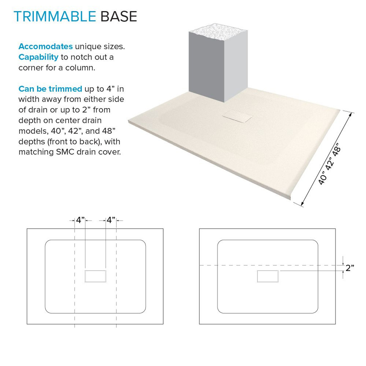 Transolid FZS6040C-32 Trimslate 60-in x 40-in Zero Threshold Shower Base with Center Drain, Cameo