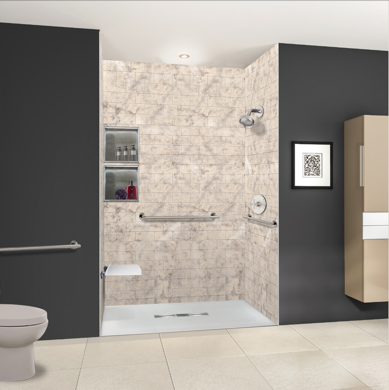 Transolid FZS6332C-39 63-in L x 31.5-in W Zero Threshold Center Drain Shower Base, Grey
