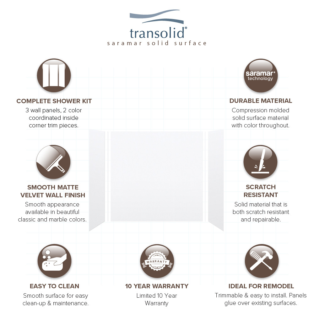 Transolid SWK603660-21V SaraMar 60-in x 36-in x 60-in Glue to Wall 3-Piece Shower Wall Trimmable Kit, White Velvet