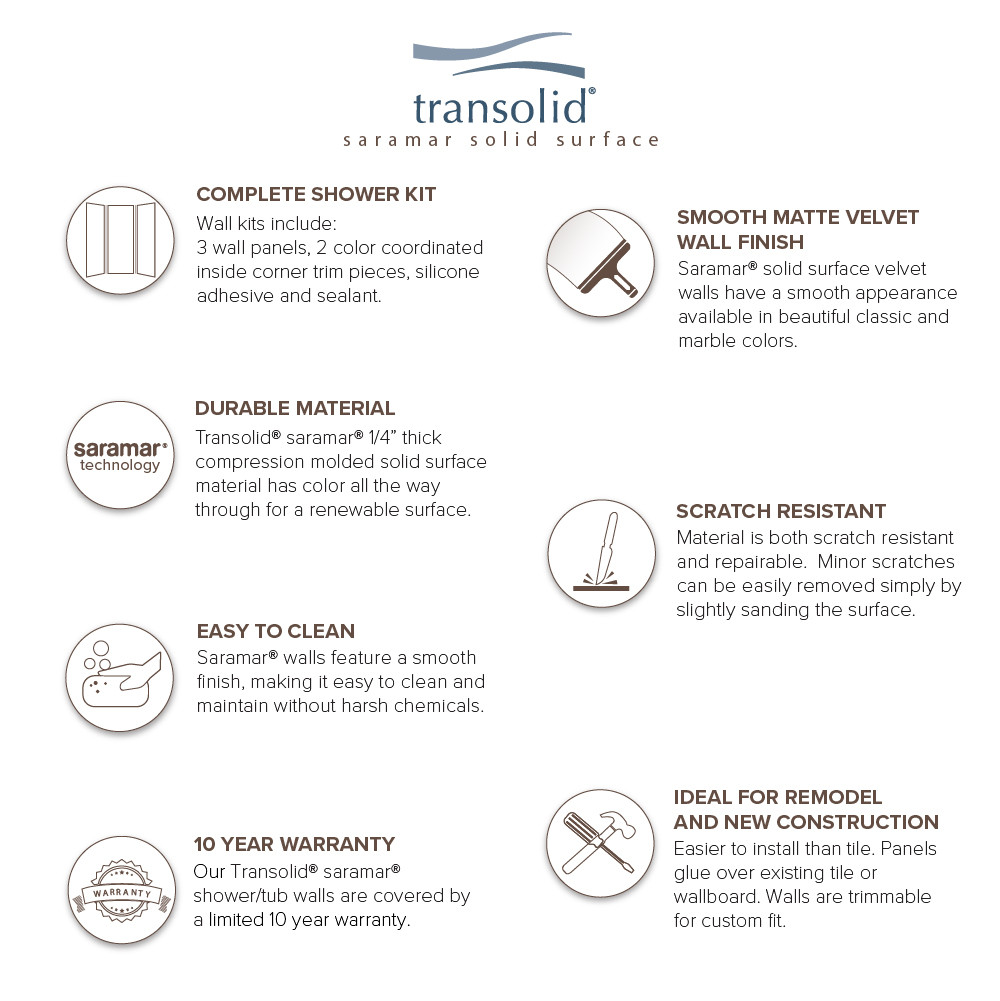 Transolid SWK603660-21V SaraMar 60-in x 36-in x 60-in Glue to Wall 3-Piece Shower Wall Trimmable Kit, White Velvet