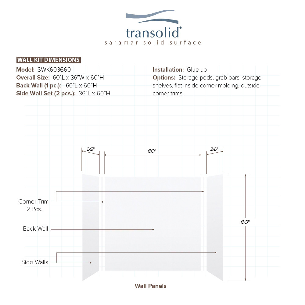 Transolid SWK603660-21V SaraMar 60-in x 36-in x 60-in Glue to Wall 3-Piece Shower Wall Trimmable Kit, White Velvet