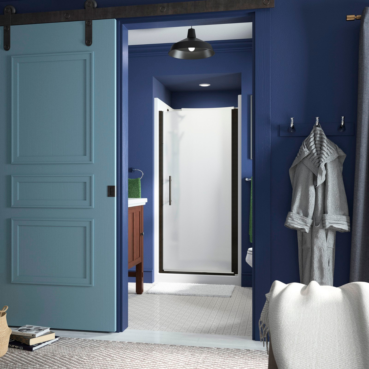 Sterling 5698-36ADR-G03 Finesse Peak headerless frameless pivot shower door 36 in. max opening x 67 in. H with anodized deep bronze frame finish and frosted glass texture