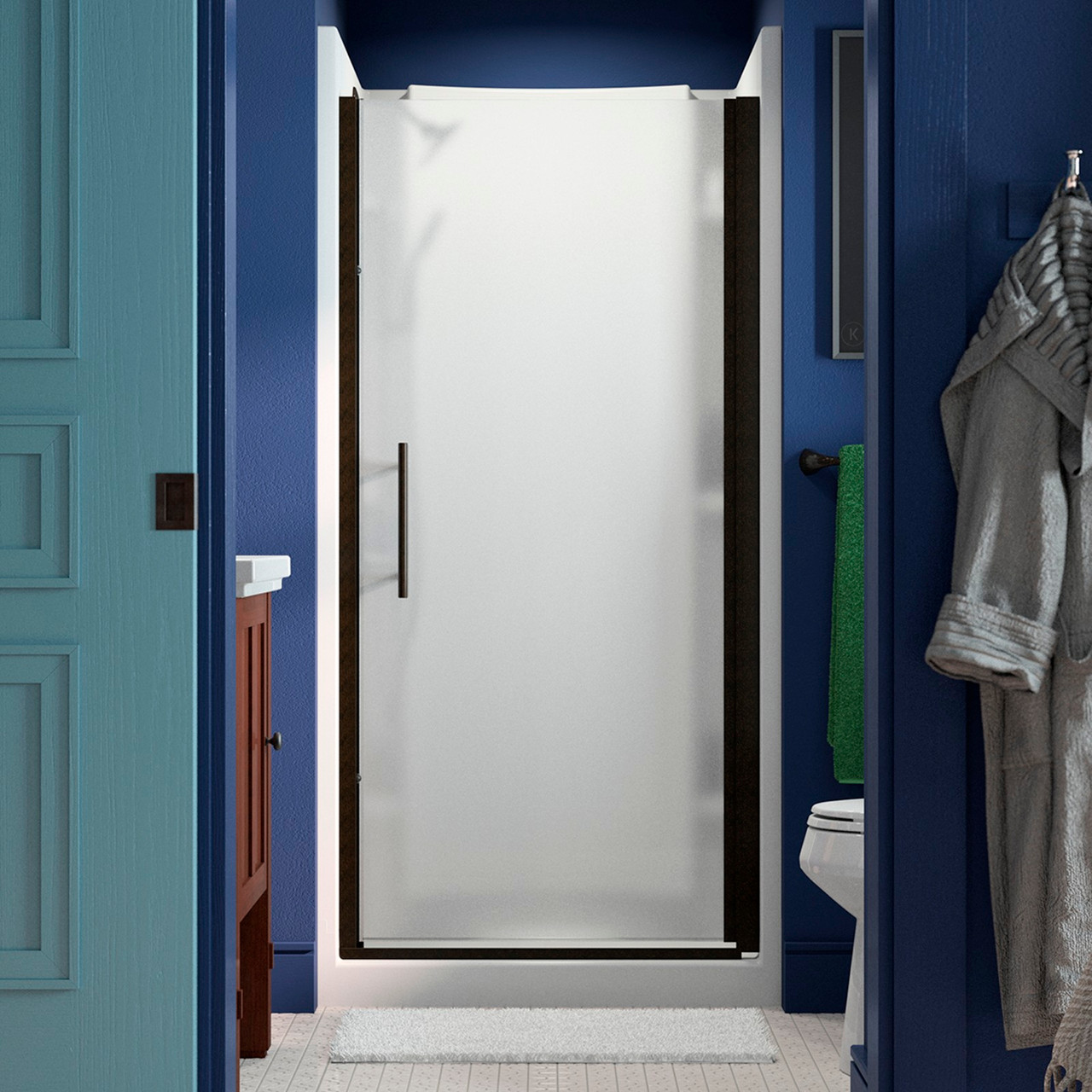 Sterling 5698-36ADR-G03 Finesse Peak headerless frameless pivot shower door 36 in. max opening x 67 in. H with anodized deep bronze frame finish and frosted glass texture