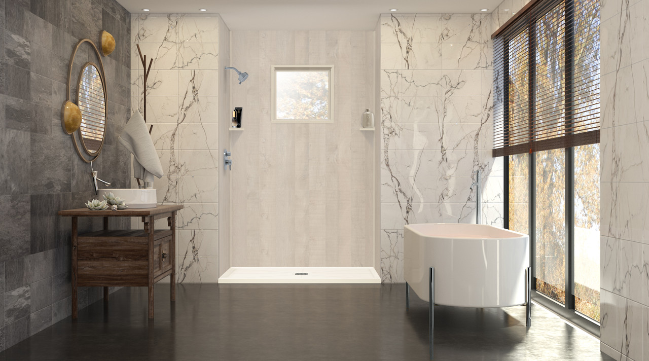 Linear 36 in. L x 48 in. W Alcove Shower Pan Base with Center Drain in Cameo