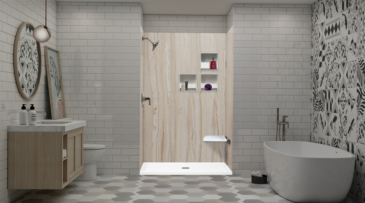 Linear 32 in. L x 60 in. W Alcove Shower Pan Base with Center Drain in White