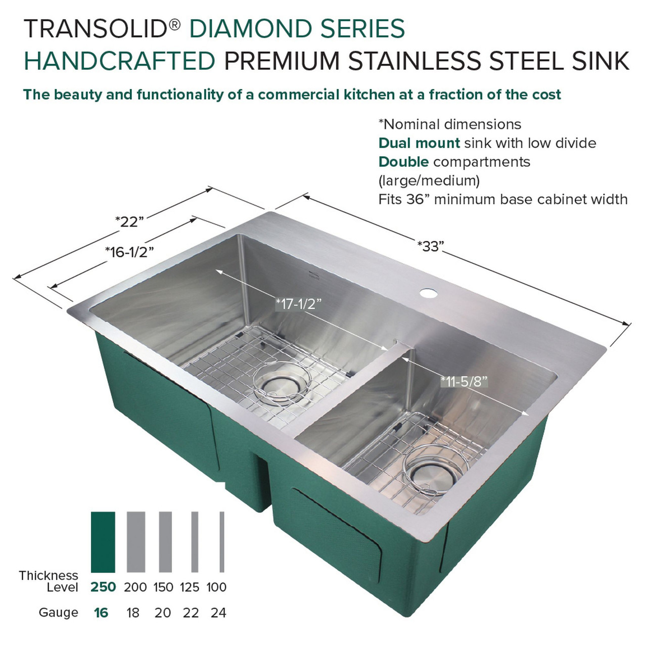 Diamond Sink Kit with 60/40 Double Bowls, Micro Dual Mount Installation, 2 Pre-Drilled Holes, Magnetic Accessories Kit, and Drain Kit