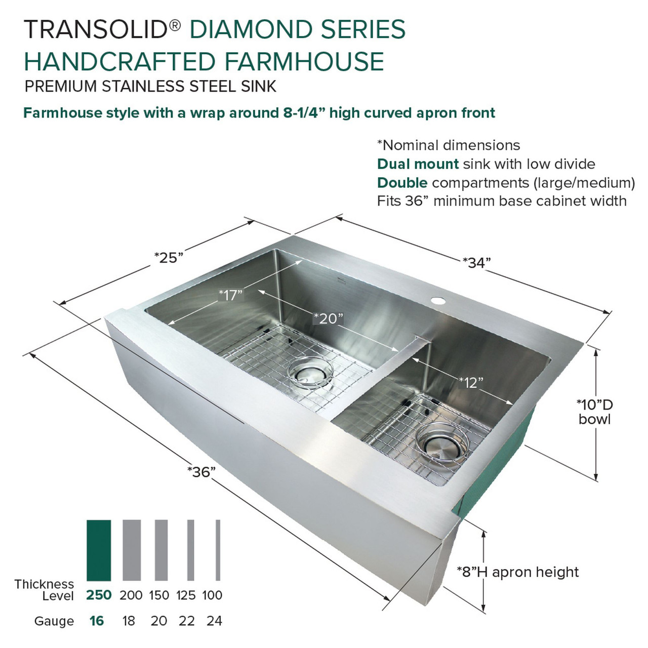Diamond Sink Kit with Farmhouse Style 60/40 Double Bowls, 4 Pre-Drilled Holes, Magnetic Accessories Kit, and Drain Kit