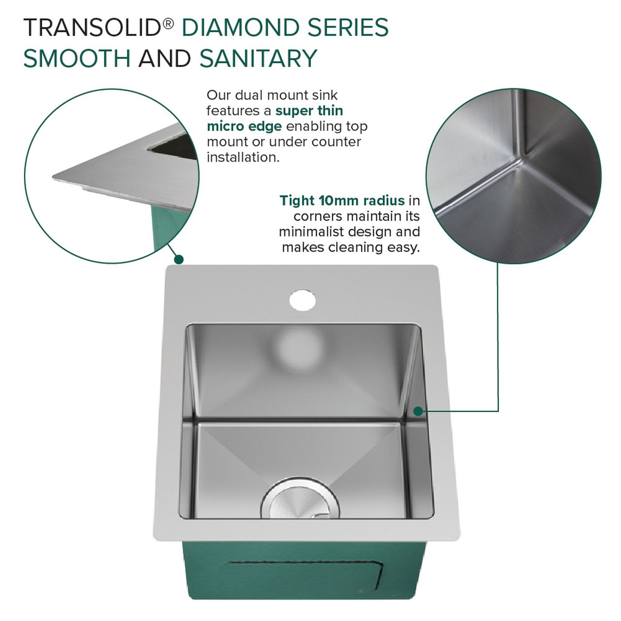 Transolid KKM-DTSB151710 Diamond Sink Kit with Single Bowl, Micro Dual Mount Installation, Magnetic Accessories Kit, and Drain Kit