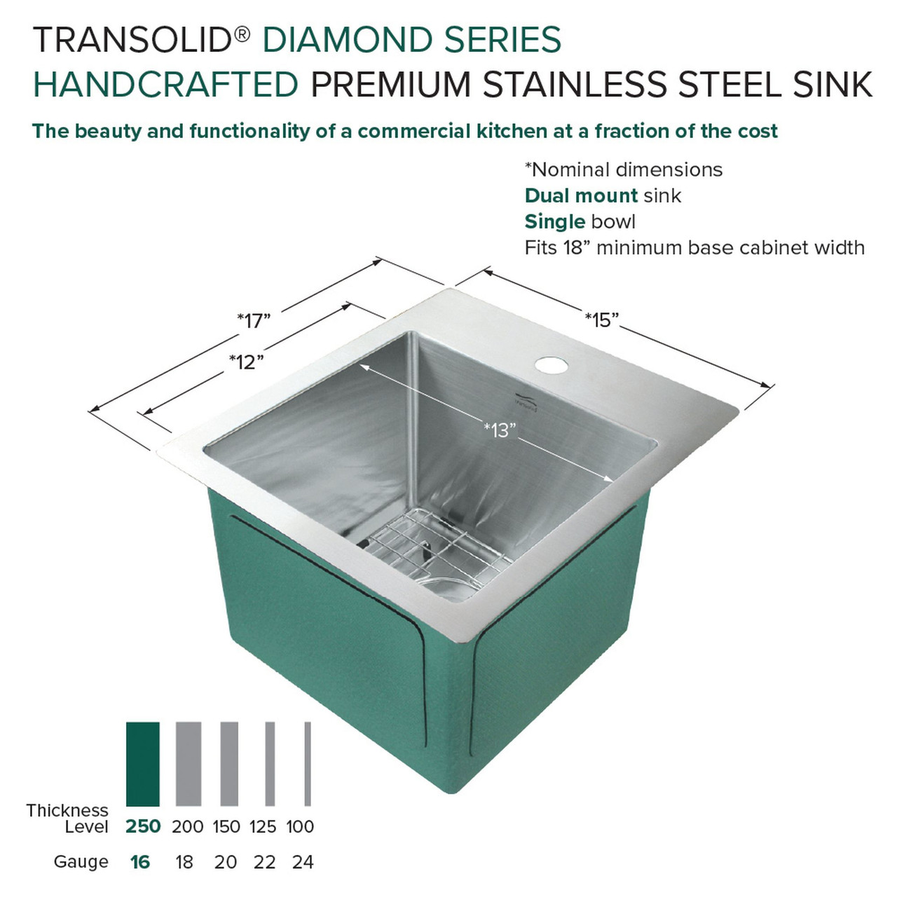 Transolid KKM-DTSB151710-3 Diamond Sink Kit with Single Bowl, Micro Dual Mount Installation, 3 Pre-Drilled Holes, Magnetic Accessories Kit, and Drain Kit