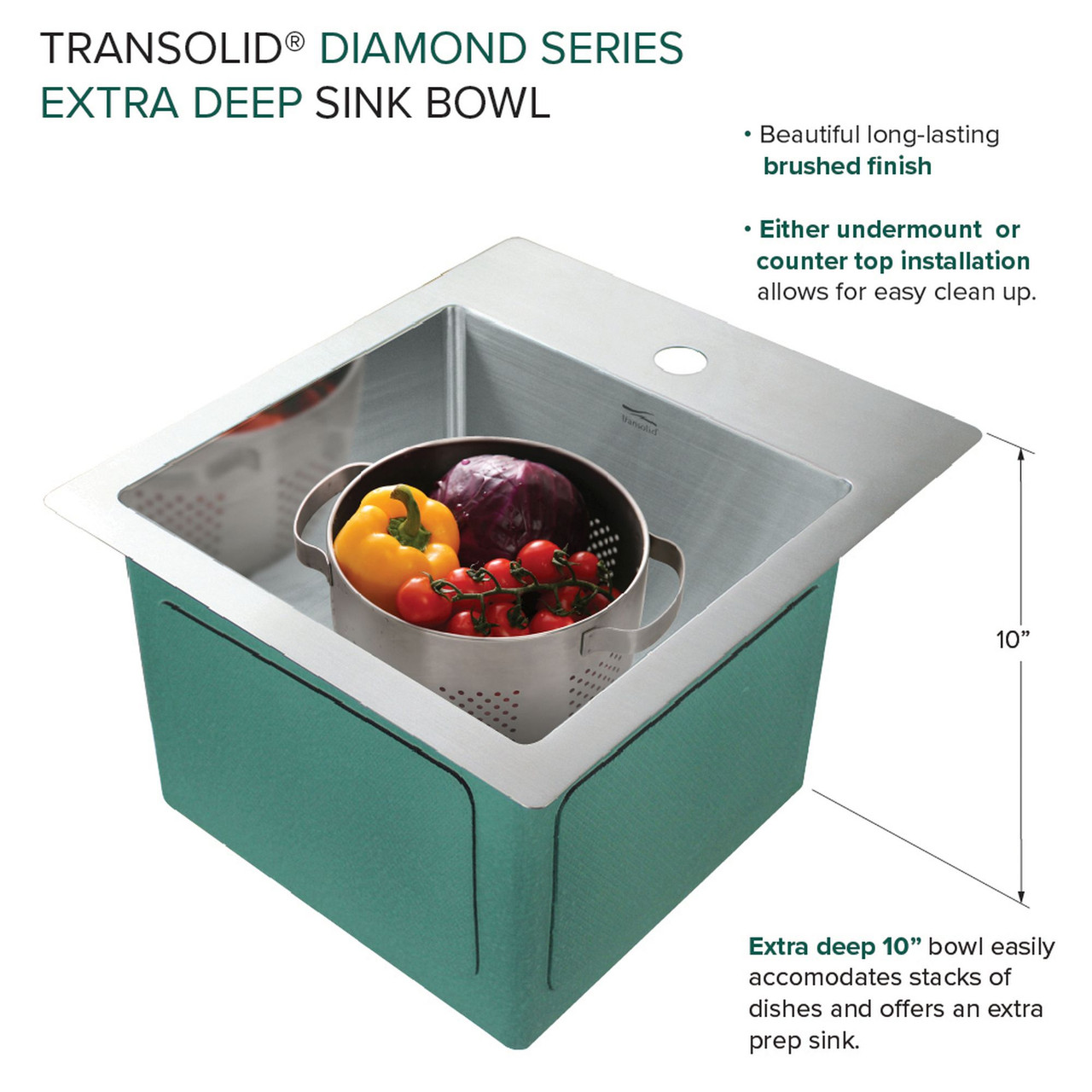 Transolid KKM-DTSB151710-3 Diamond Sink Kit with Single Bowl, Micro Dual Mount Installation, 3 Pre-Drilled Holes, Magnetic Accessories Kit, and Drain Kit