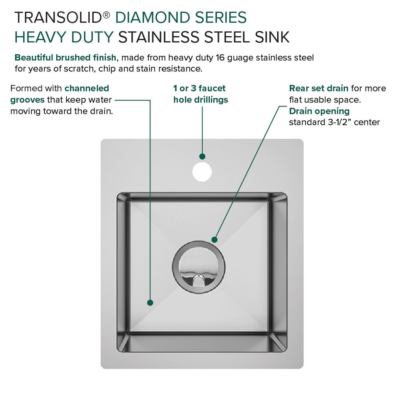 Transolid KKM-DTSB151710-3 Diamond Sink Kit with Single Bowl, Micro Dual Mount Installation, 3 Pre-Drilled Holes, Magnetic Accessories Kit, and Drain Kit