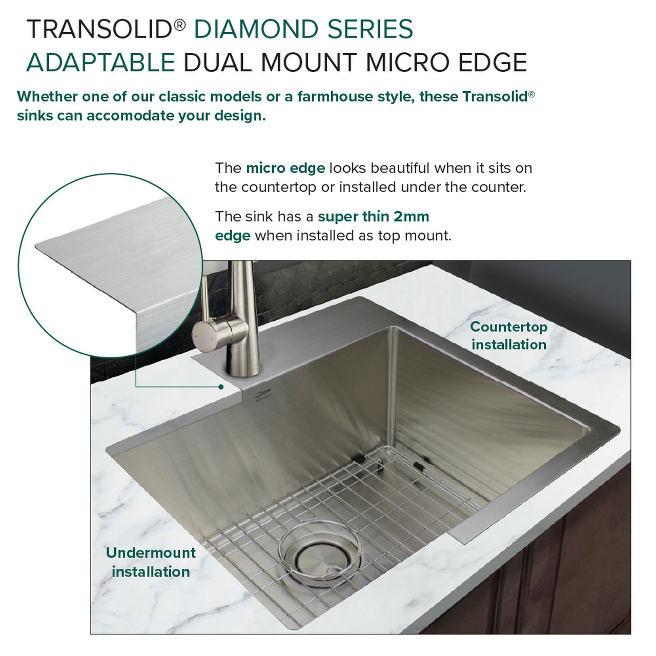 Transolid KKM-DTSB151710-3 Diamond Sink Kit with Single Bowl, Micro Dual Mount Installation, 3 Pre-Drilled Holes, Magnetic Accessories Kit, and Drain Kit