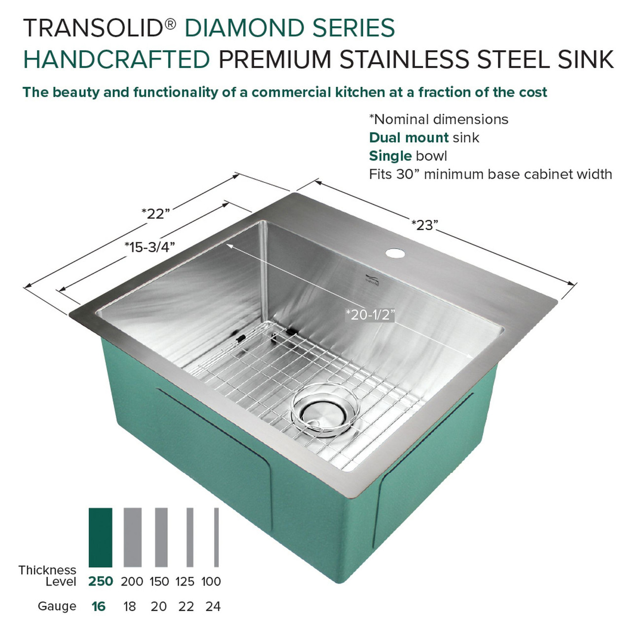 Transolid KKM-DTSB232210 Diamond Sink Kit with Single Bowl, Micro Dual Mount Installation, Magnetic Accessories Kit, and Drain Kit