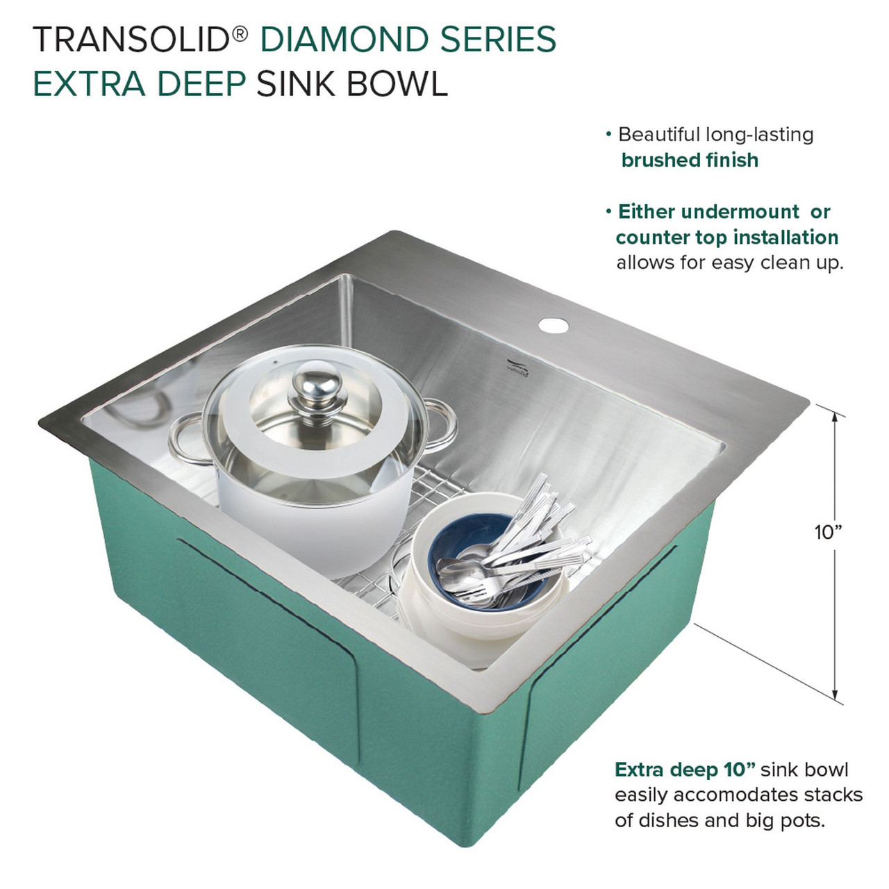 Transolid KKM-DTSB232210 Diamond Sink Kit with Single Bowl, Micro Dual Mount Installation, Magnetic Accessories Kit, and Drain Kit
