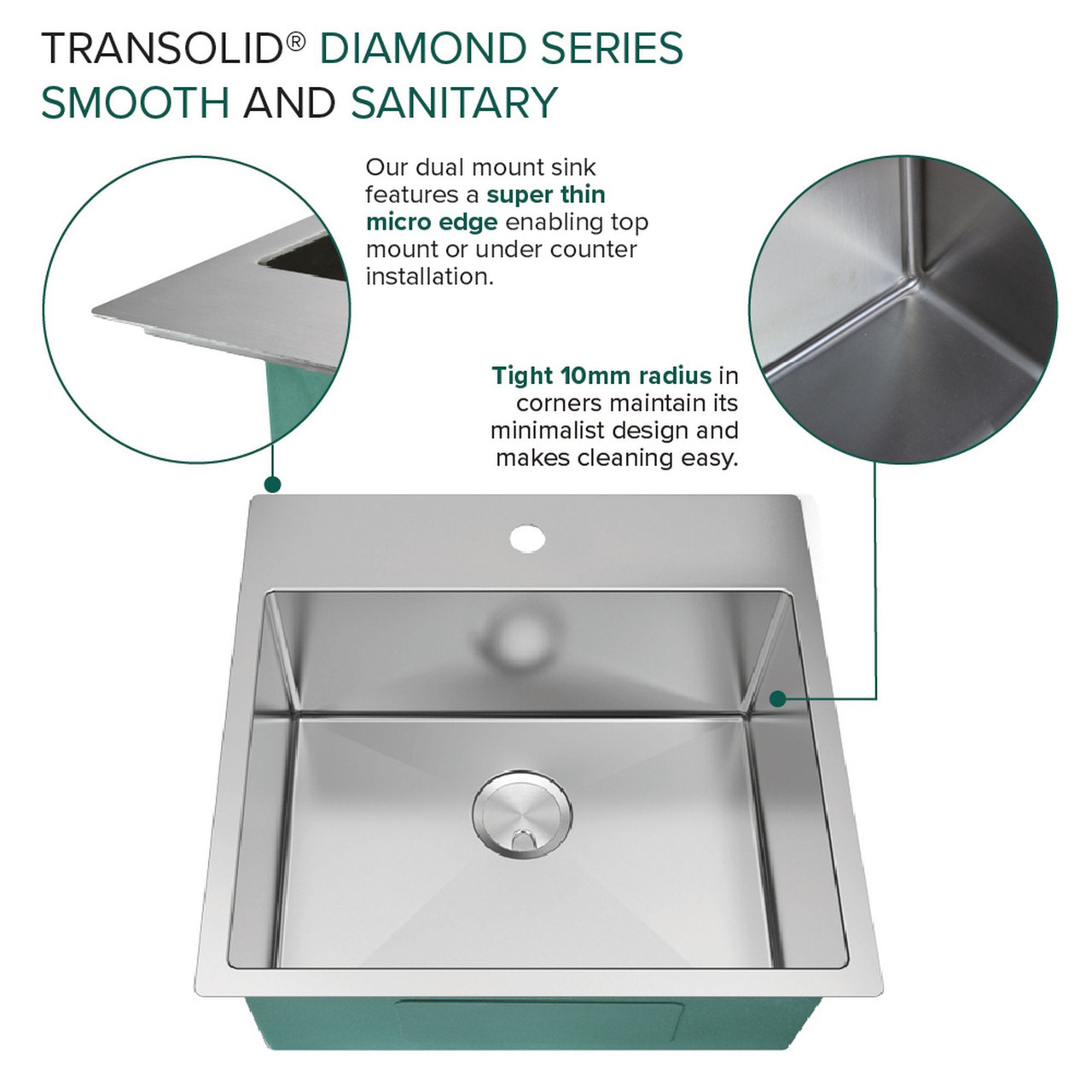 Transolid KKM-DTSB232210 Diamond Sink Kit with Single Bowl, Micro Dual Mount Installation, Magnetic Accessories Kit, and Drain Kit