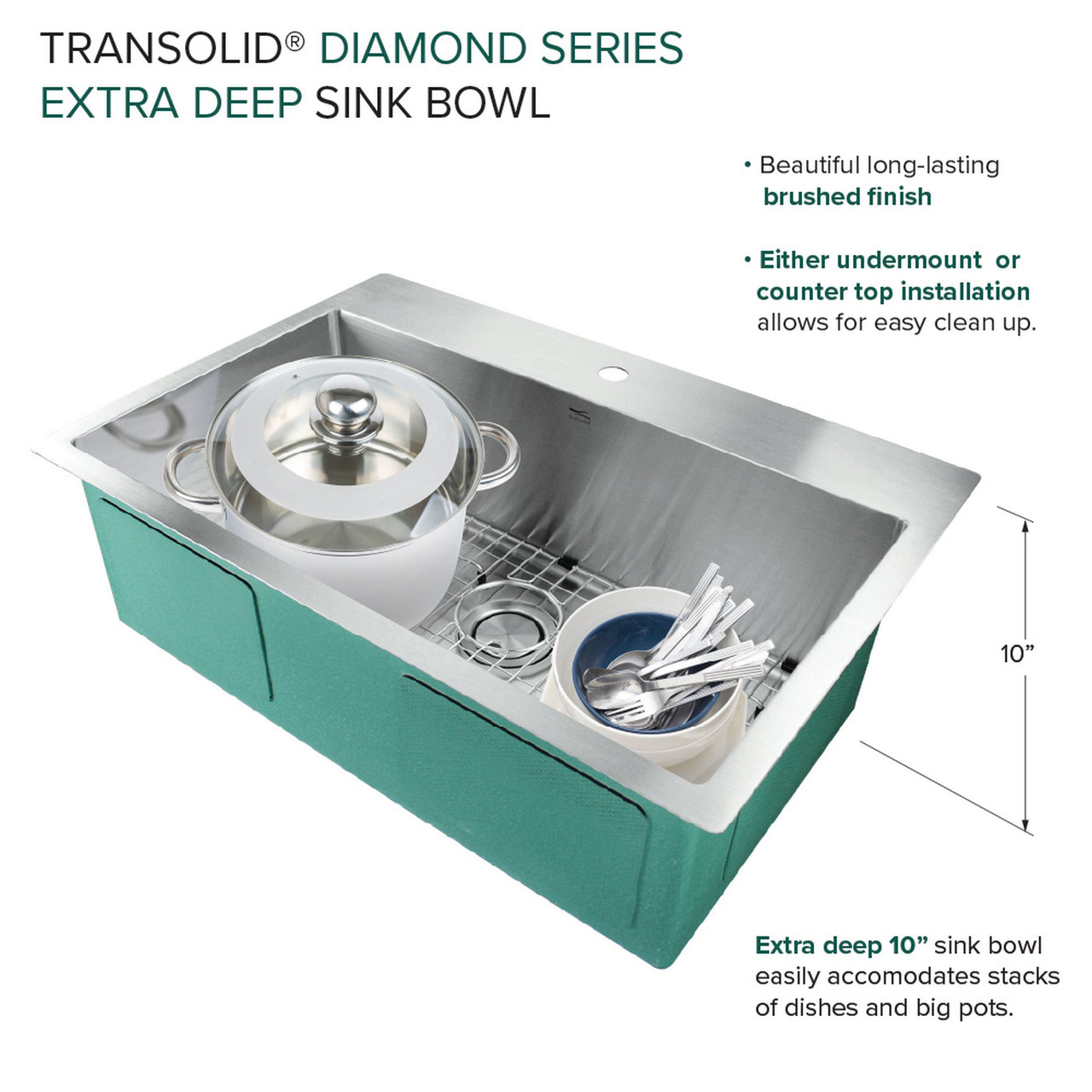 Diamond Sink Kit with Single Bowl, Micro Dual Mount Installation, 3 Pre-Drilled Holes, Magnetic Accessories Kit, and Drain Kit