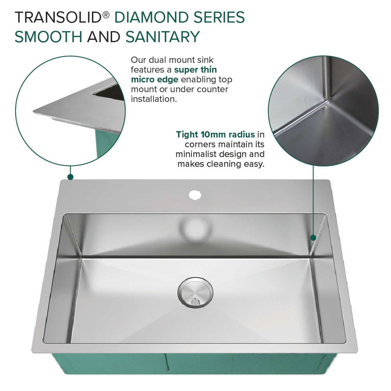Transolid KKM-DTSS322210-4 Diamond Sink Kit with Single Bowl, Micro Dual Mount Installation, 4 Pre-Drilled Holes, Magnetic Accessories Kit, and Drain Kit