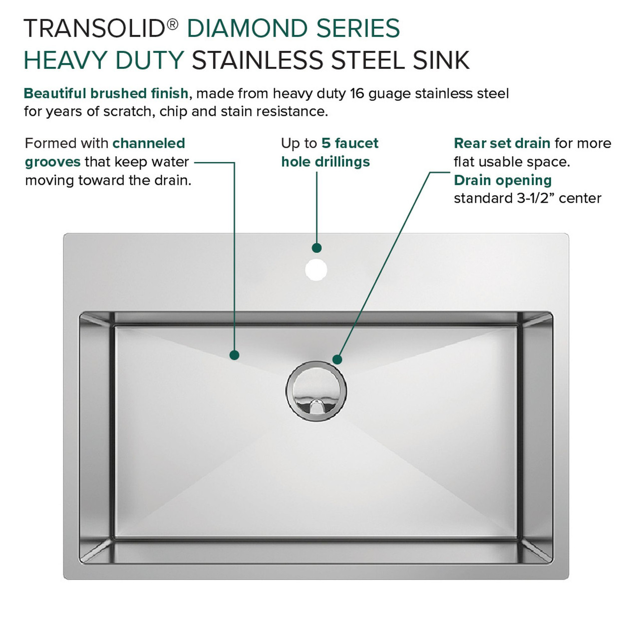 Transolid KKM-DTSS322210-4 Diamond Sink Kit with Single Bowl, Micro Dual Mount Installation, 4 Pre-Drilled Holes, Magnetic Accessories Kit, and Drain Kit