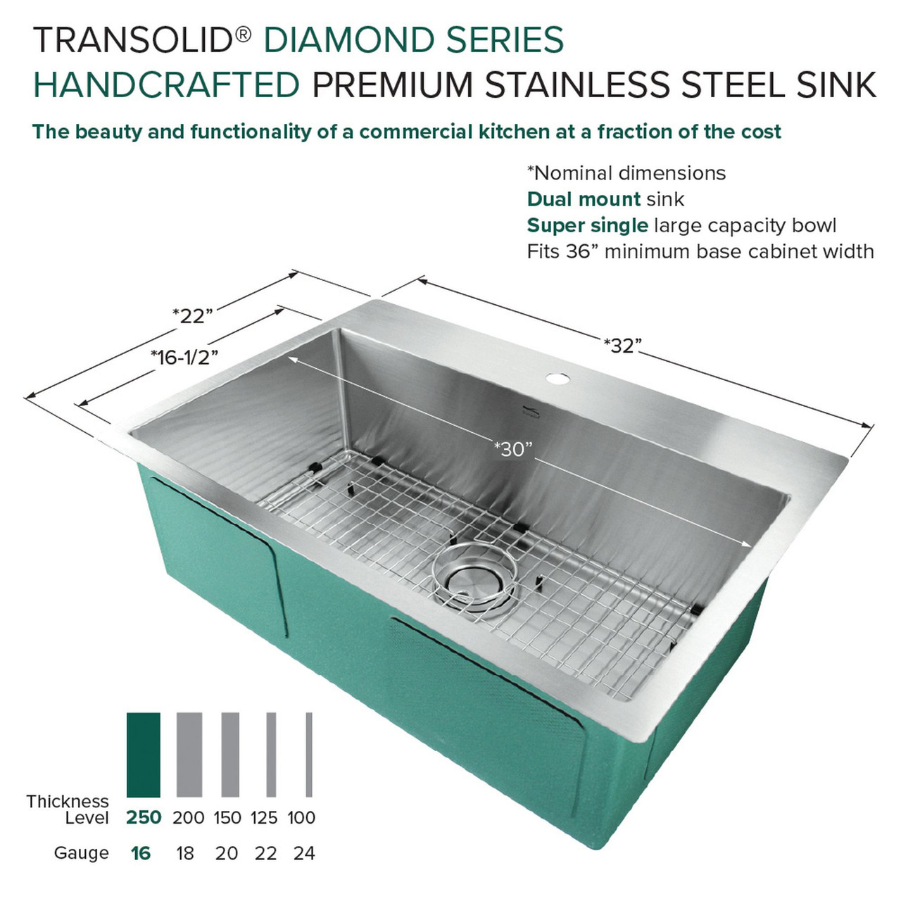Transolid KKM-DTSS322210-ML2 Diamond Sink Kit with Single Bowl, Micro Dual Mount Installation, 2 Pre-Drilled Holes, Magnetic Accessories Kit, and Drain Kit