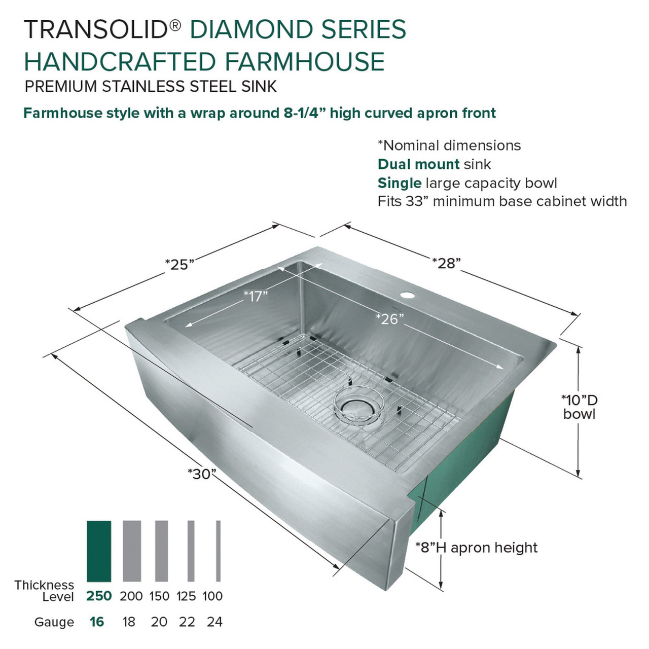Transolid KKM-DTSSF302510 Diamond Sink Kit with Farmhouse Style Single Bowl, Magnetic Accessories Kit, and Drain Kit