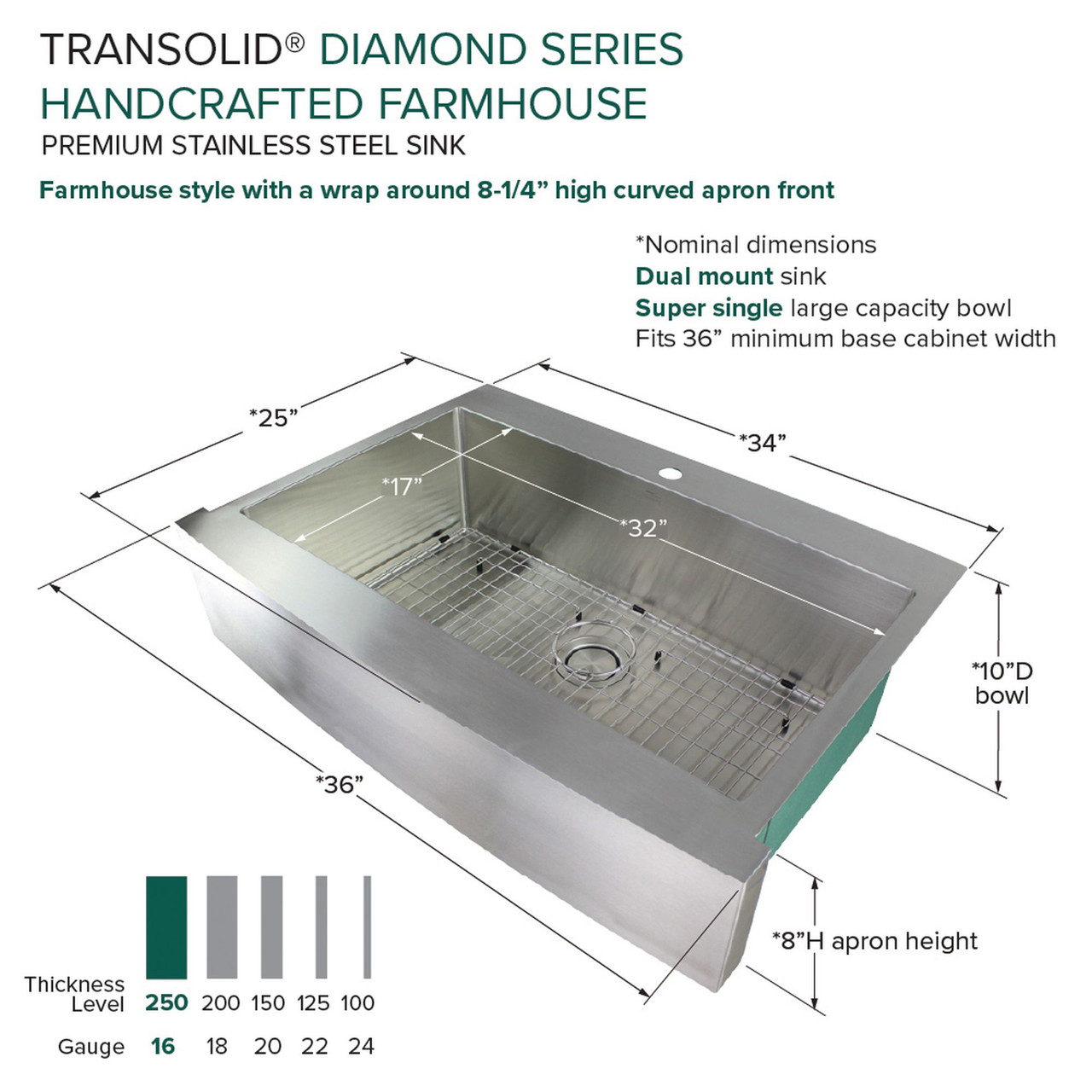Transolid KKM-DTSSF362510-MR2 Diamond Sink Kit with Farmhouse Style Super Single Bowl, 2 Pre-Drilled Holes, Magnetic Accessory Kit and Drain Kit