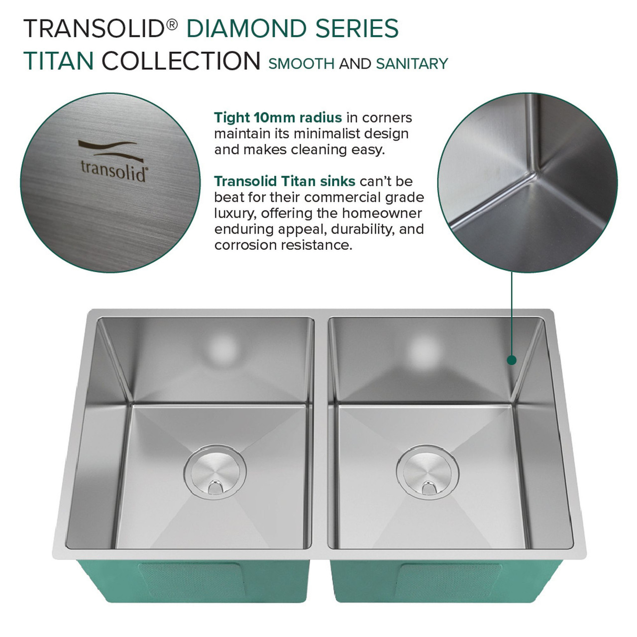 Diamond Titan Sink Kit with Equal Double Bowls, Undermount Installation, Magnetic Accessories Kit, and Drain Kit
