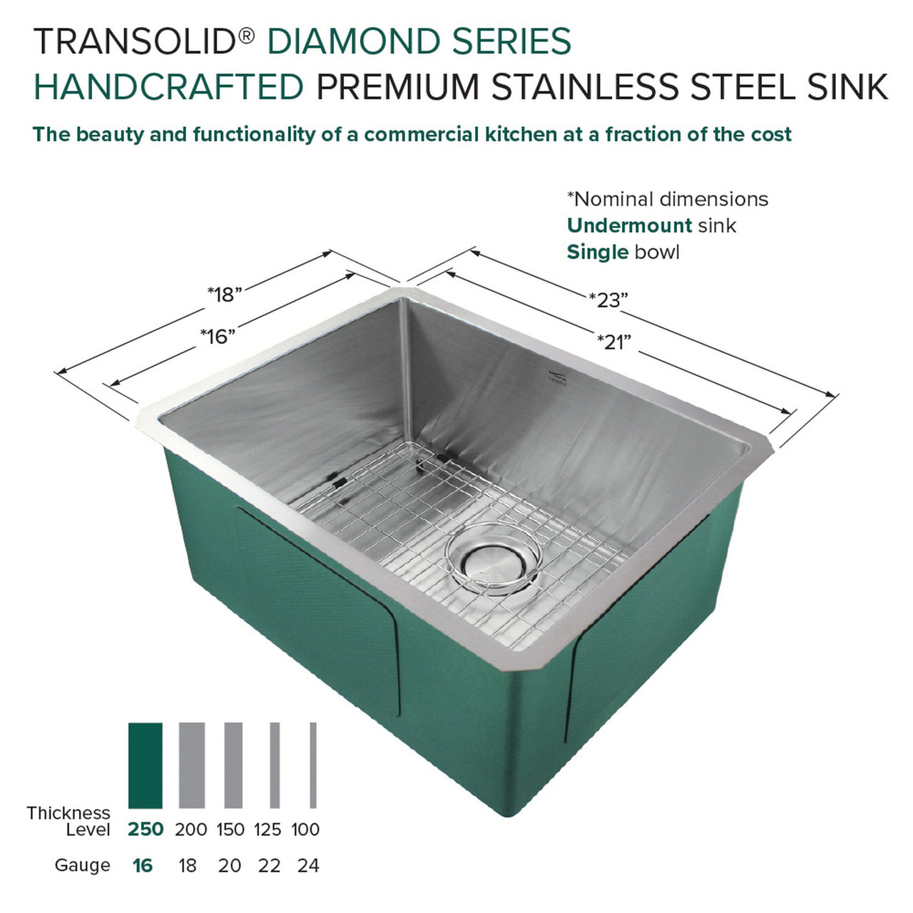 Transolid KKM-DUSB231810 Diamond Sink Kit with Single Bowl, Undermount Installation, Magnetic Accessories Kit, and Drain Kit