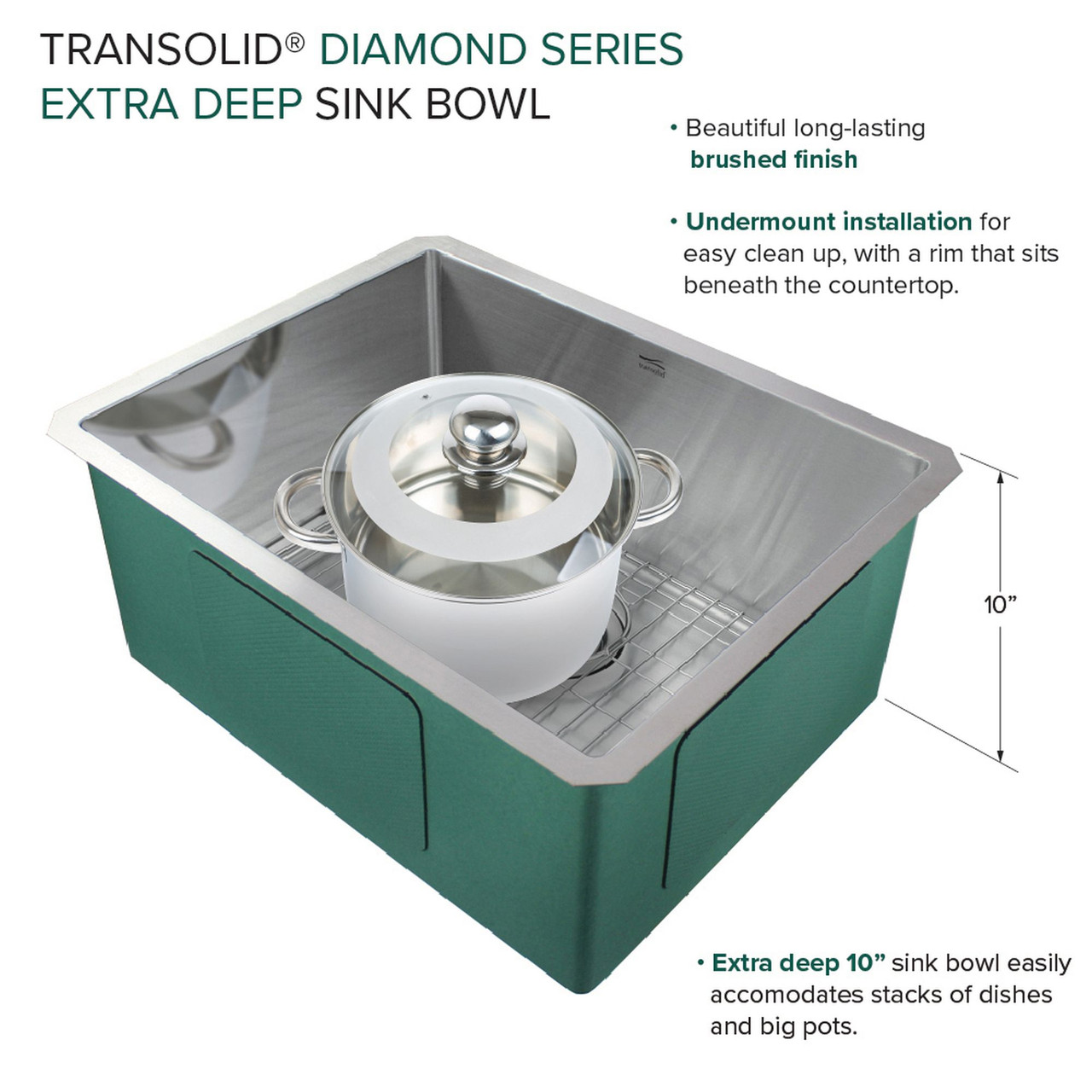 Transolid KKM-DUSB231810 Diamond Sink Kit with Single Bowl, Undermount Installation, Magnetic Accessories Kit, and Drain Kit