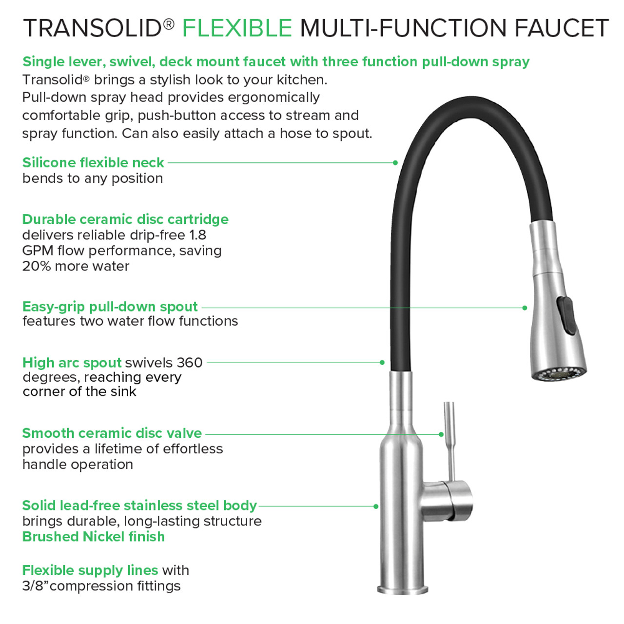 Transolid Kitchen/Laundry Faucet with Dual Spray, Flex Neck, 1.8 GPM, and Garden Hose Adapter in Black