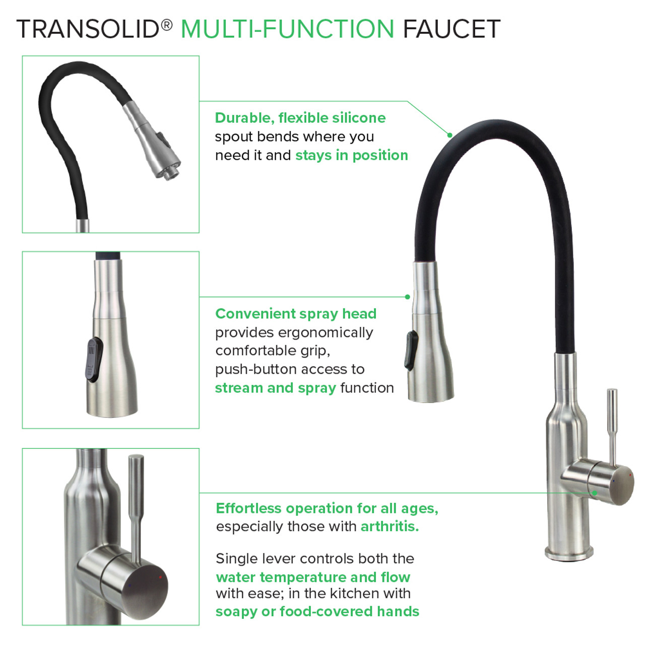 Transolid Kitchen/Laundry Faucet with Dual Spray, Flex Neck, 1.8 GPM, and Garden Hose Adapter in Black