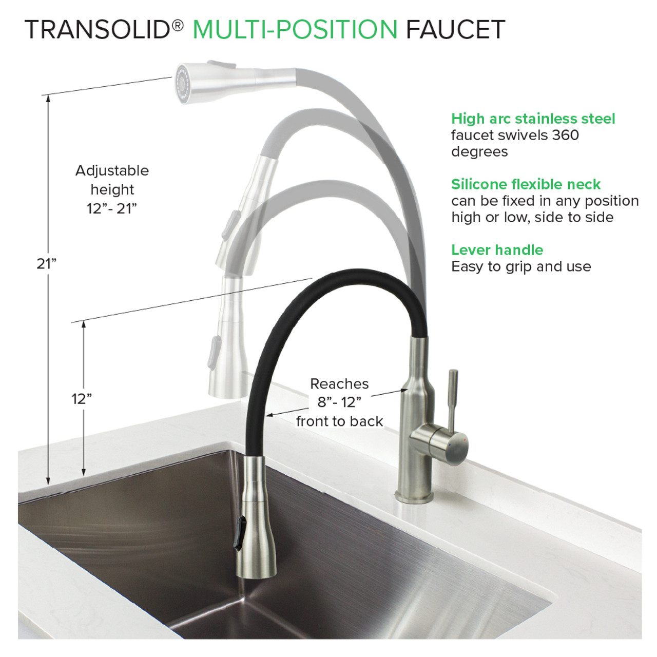 Transolid Kitchen/Laundry Faucet with Dual Spray, Flex Neck, 1.8 GPM, and Garden Hose Adapter in Black