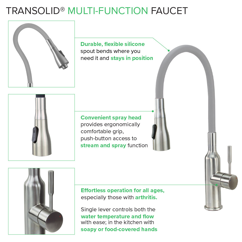 TransolidKitchen/Laundry Faucet with Dual Spray, Flex Neck, 1.8 GPM, and Garden Hose Adapter in Grey