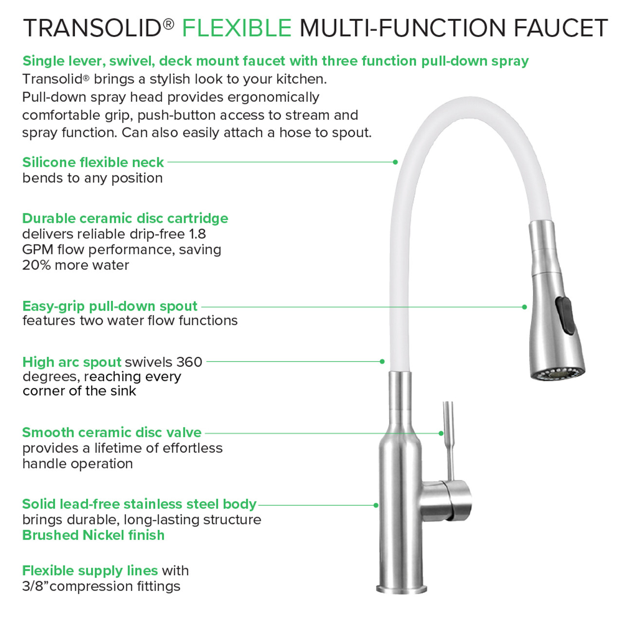 Transolid Kitchen/Laundry Faucet with Dual Spray, Flex Neck, 1.8 GPM, and Garden Hose Adapter in White